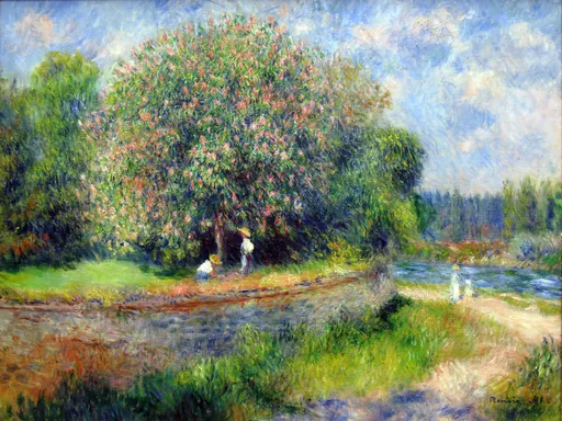 A blossoming chestnut tree beside a riverside path with small figures resting in its shade, painted in pink, green and bright blue