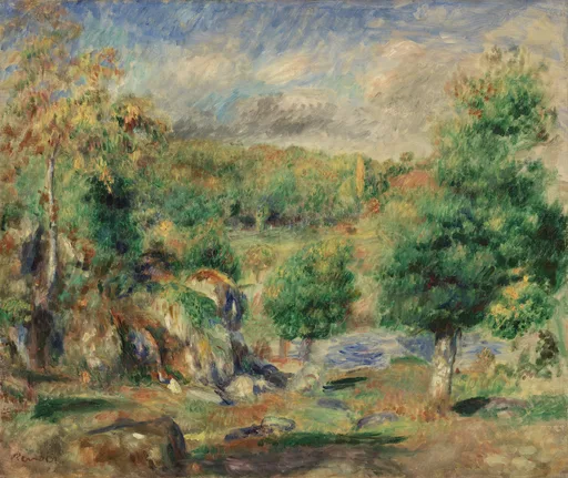 A rocky riverbank lined with chestnut trees beside still water, in green foliage with grey stone and pale blue