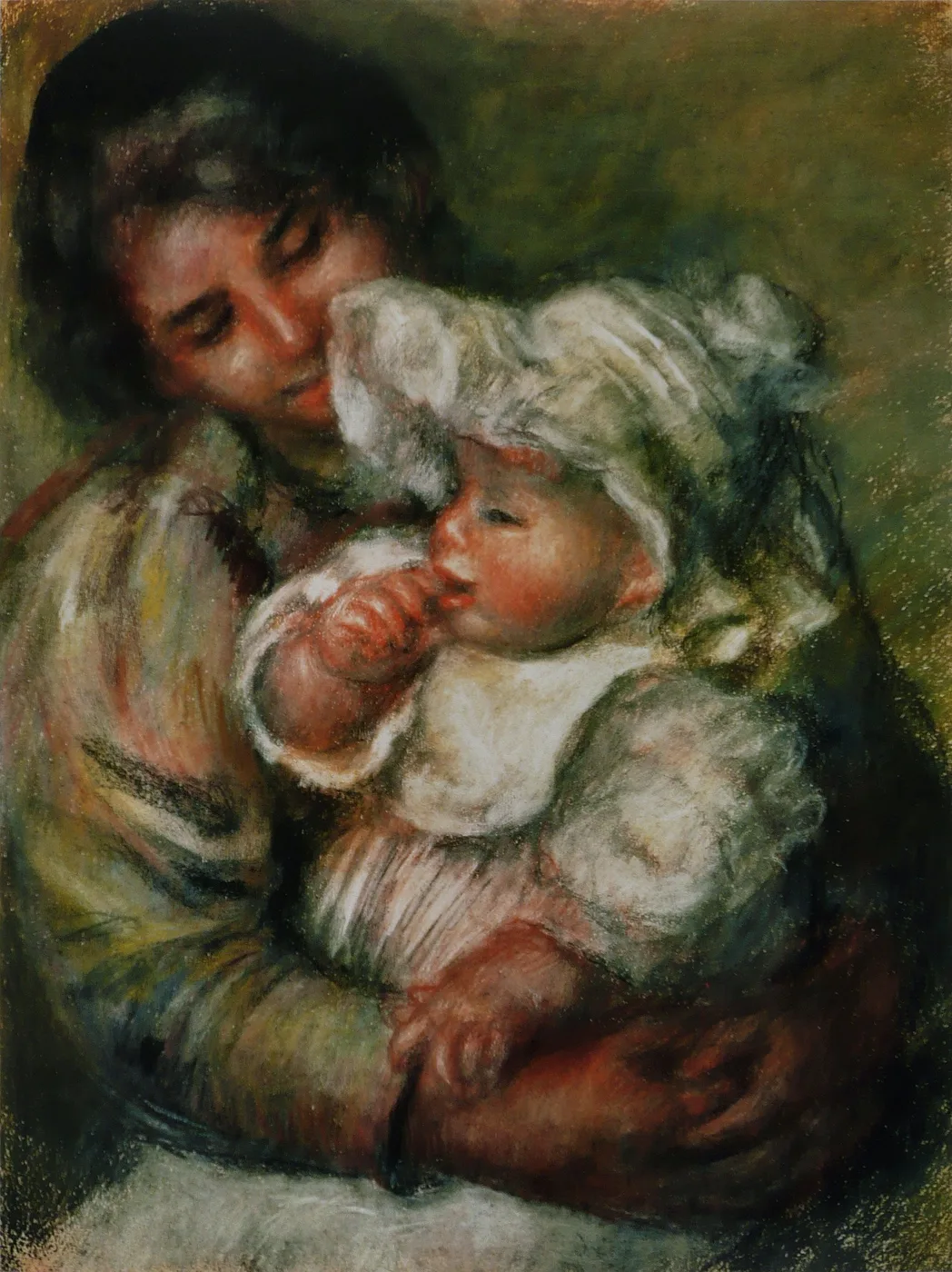 A pastel of a nanny cradling an infant in a white bonnet close to her face, in muted olive-green tones.