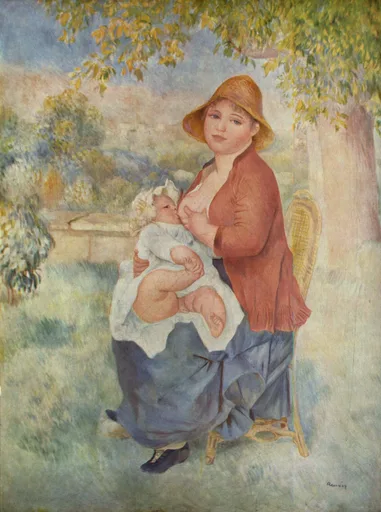 A mother in a straw hat and rust-orange jacket nurses her baby while seated in a garden beneath a tree.