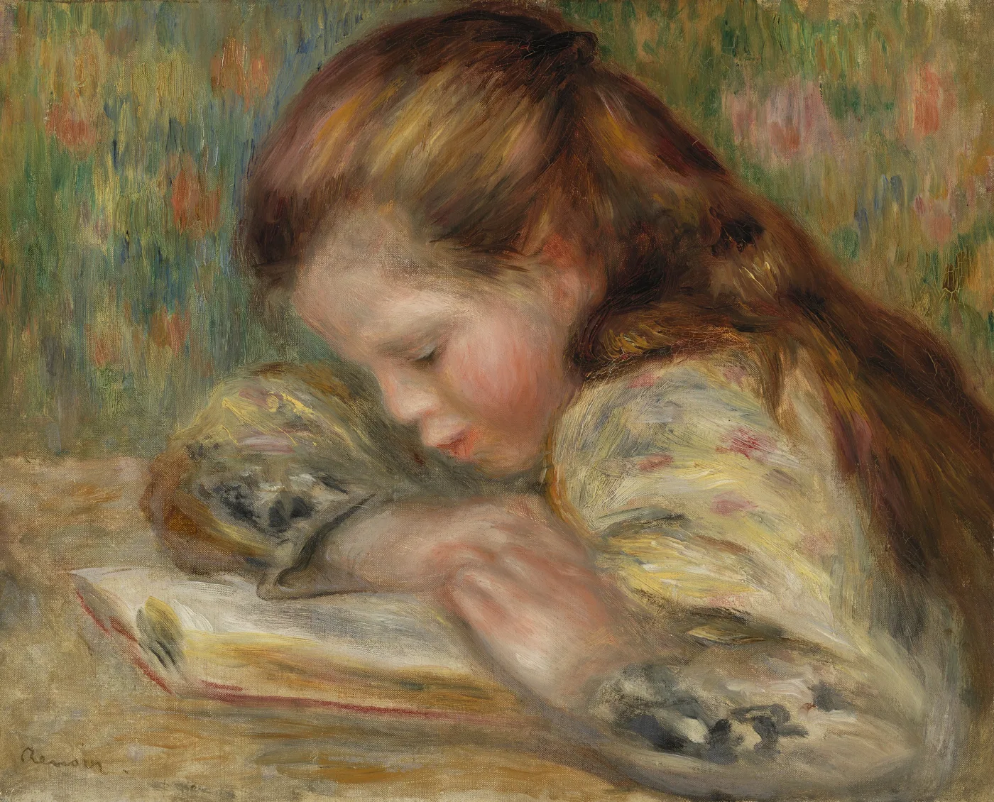 A young girl resting her head on her arm while reading a book at a table, in warm auburn and soft green