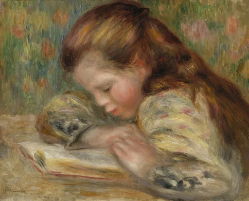 A young girl resting her head on her arm while reading a book at a table, in warm auburn and soft green