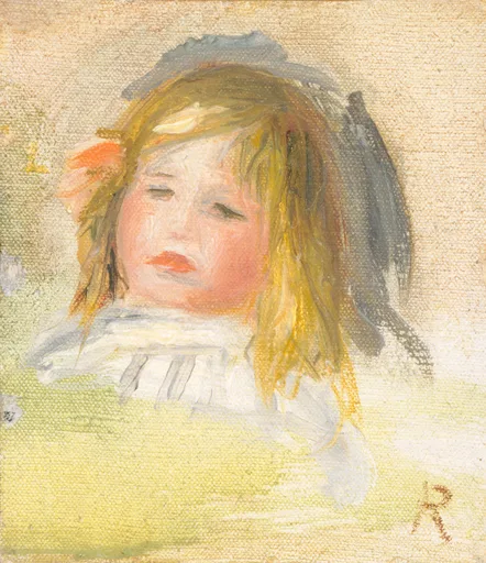 A loosely sketched portrait of a fair haired child's face with a white collar, in soft gold, pink, and grey