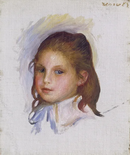 A small portrait of a brown haired girl with a white ruffled collar against a pale grey background