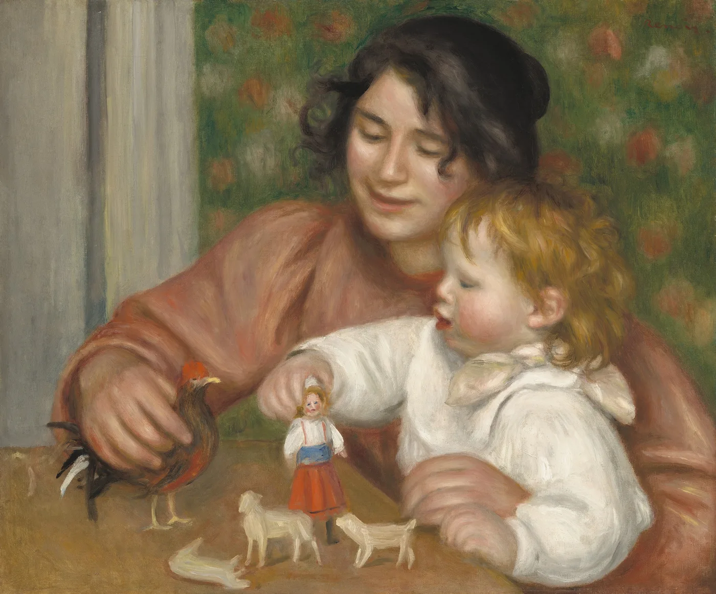 A dark haired woman and a blond child playing with toy animals and a doll, against green floral wallpaper