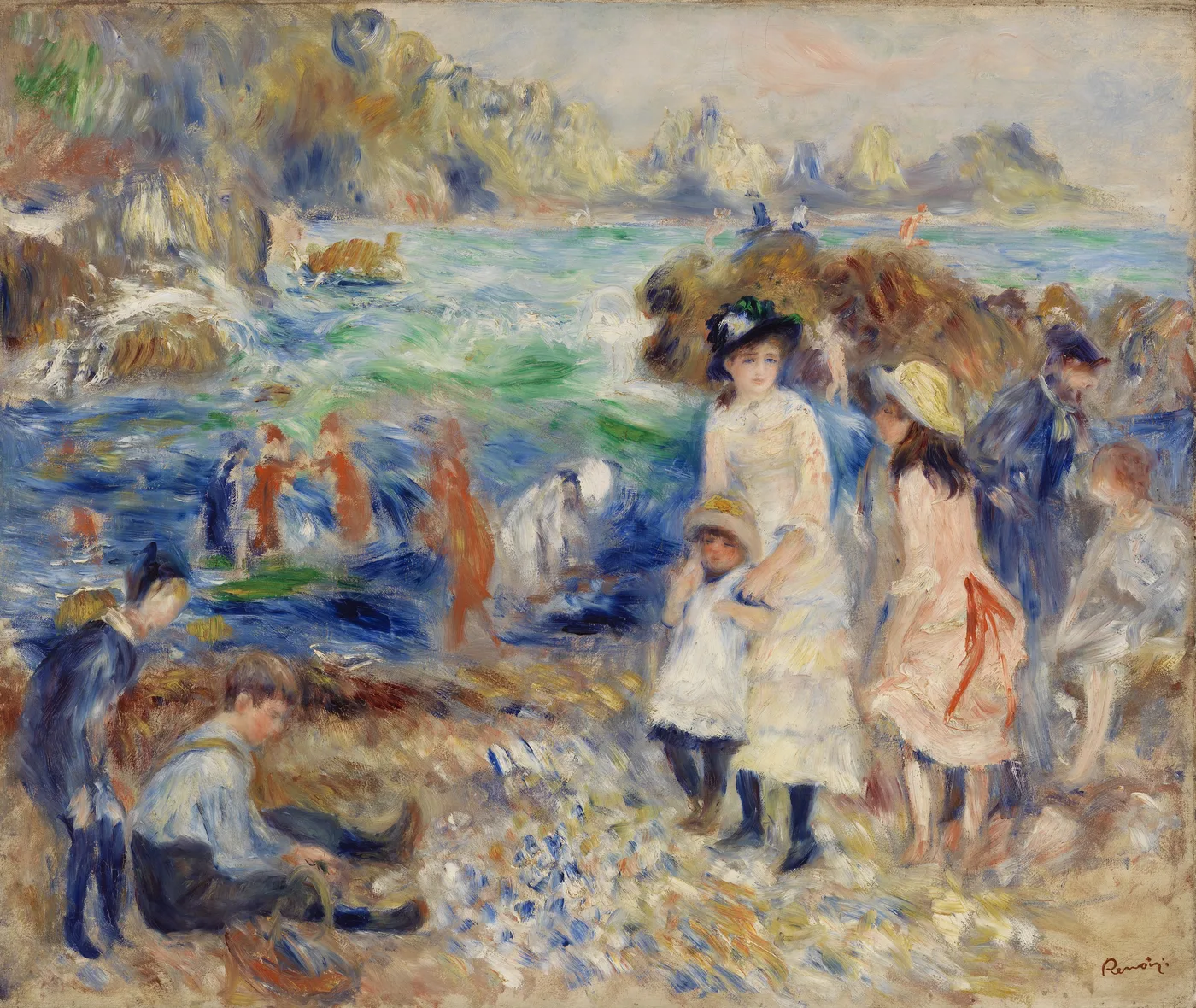 A crowded rocky cove with children and adults gathered on the shore beside crashing waves, in blue, green and sandy tones