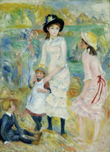 Four children in hats and Sunday clothes gathered on a seashore, with sailboats on the water behind them, in soft pastel colors