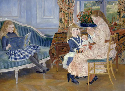 Children in a bright parlor, one reading on a sofa and another holding a doll while a woman sews her bonnet, in blue, pink, and gold tones