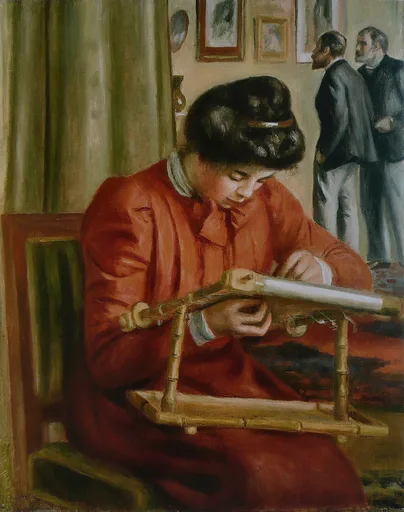 A young woman in a red jacket bent over an embroidery frame indoors, with two men conversing in the background room