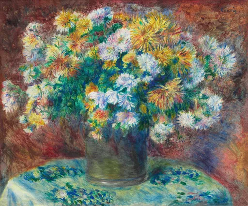 A tall vase overflowing with yellow and white chrysanthemums on a patterned cloth, set against a dark reddish-brown background