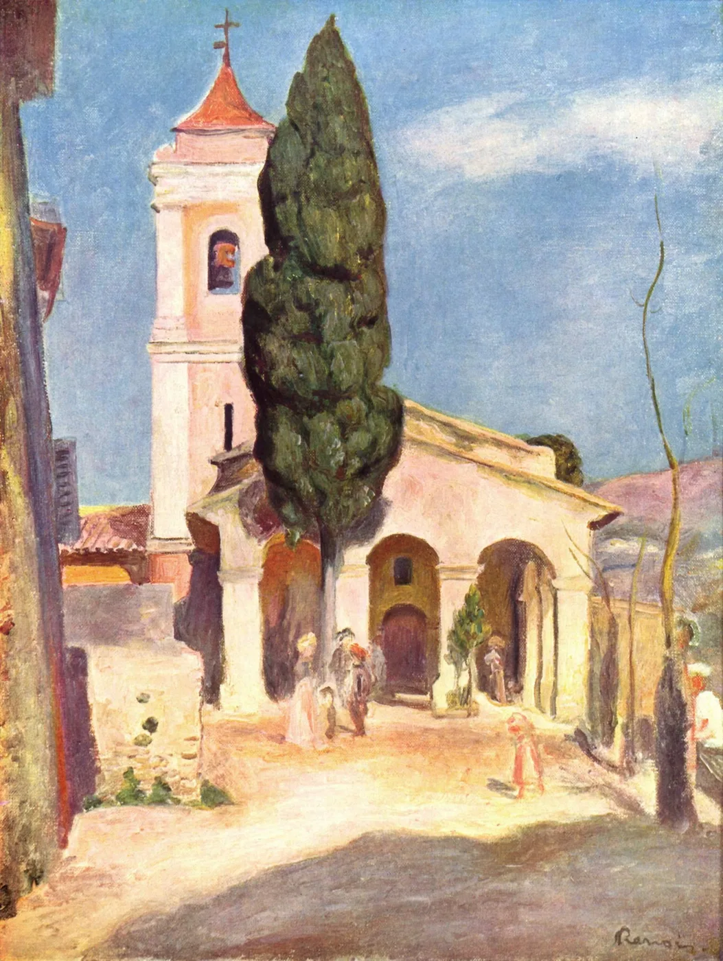 A tall cypress tree stands beside a pink church bell tower, with figures strolling the sunlit street below