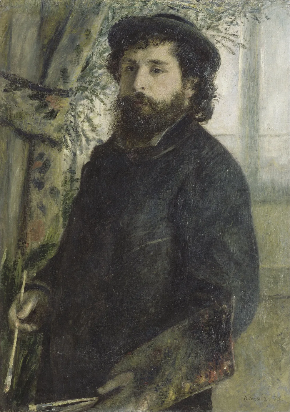 A bearded man in a dark coat and cap holding a paintbrush and palette in front of a greenhouse window, in dark green, brown, and pale grey