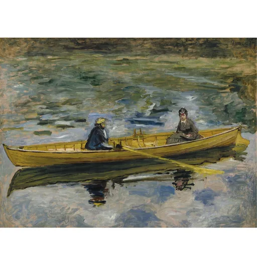 A man and woman seated in a wooden rowboat on a river, its ochre hull reflected in blue-green water