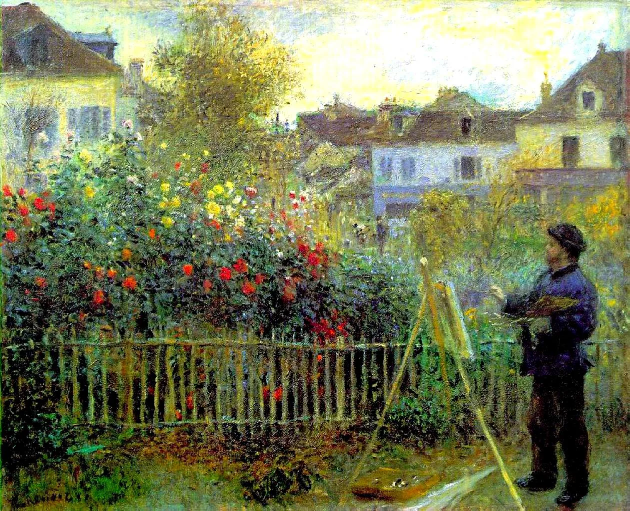 Claude Monet stands at an easel painting a garden overflowing with red and yellow flowers behind a picket fence, houses beyond.