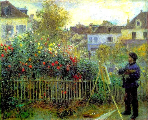 Claude Monet stands at an easel painting a garden overflowing with red and yellow flowers behind a picket fence, houses beyond.