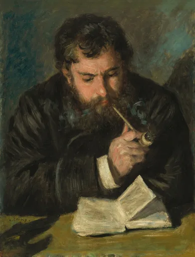 A bearded man in a dark coat bent over an open book, smoking a pipe, against a muted blue green background