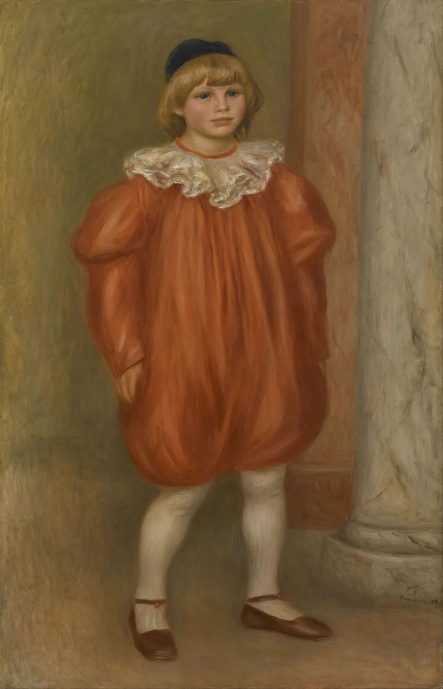 A boy in a black cap and baggy orange clown costume with a ruffled white collar standing by a marble column, in rust orange and olive