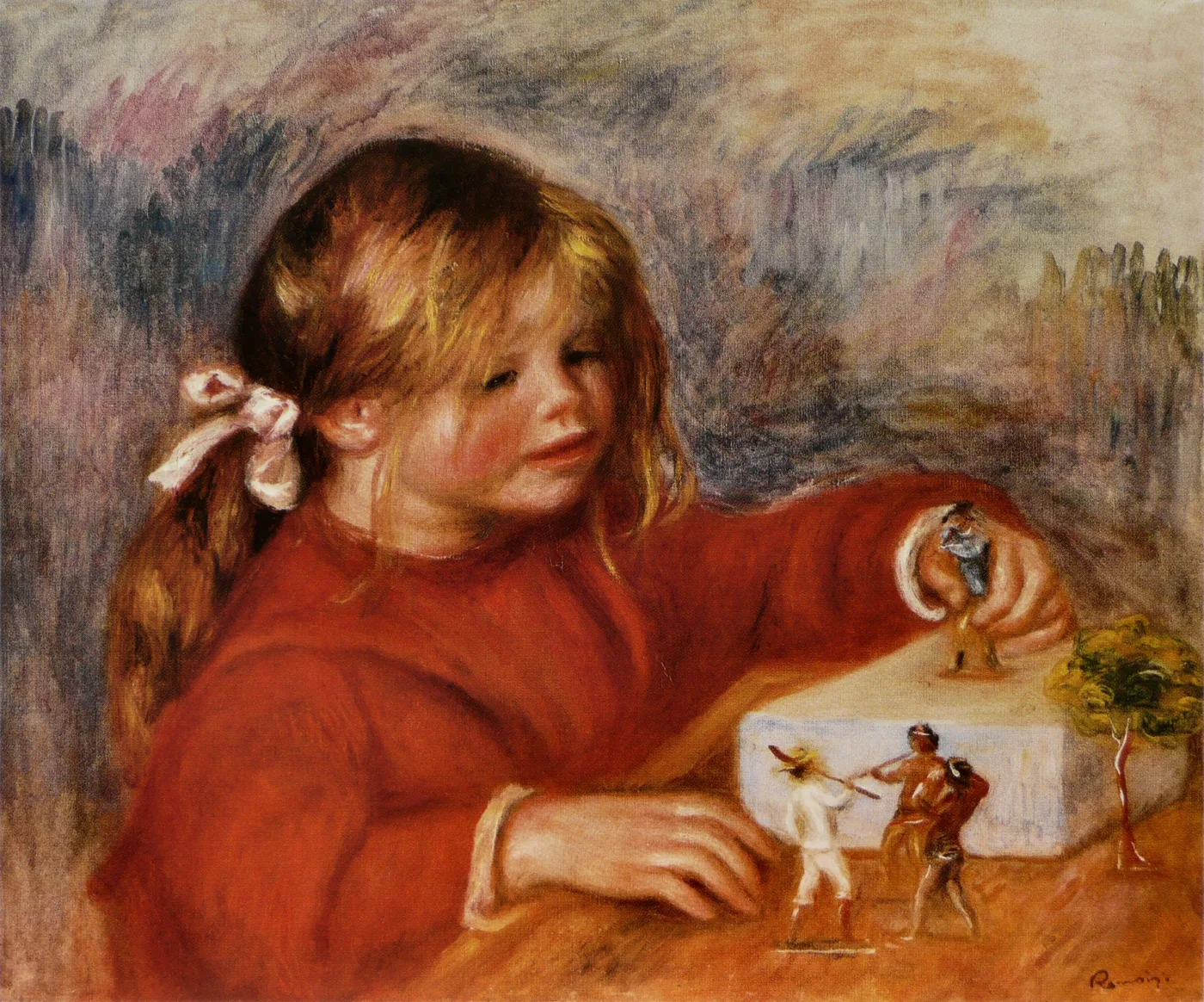 A child with a hair ribbon in a red sweater playing with small toy soldier figures on a table, in warm orange and rust tones