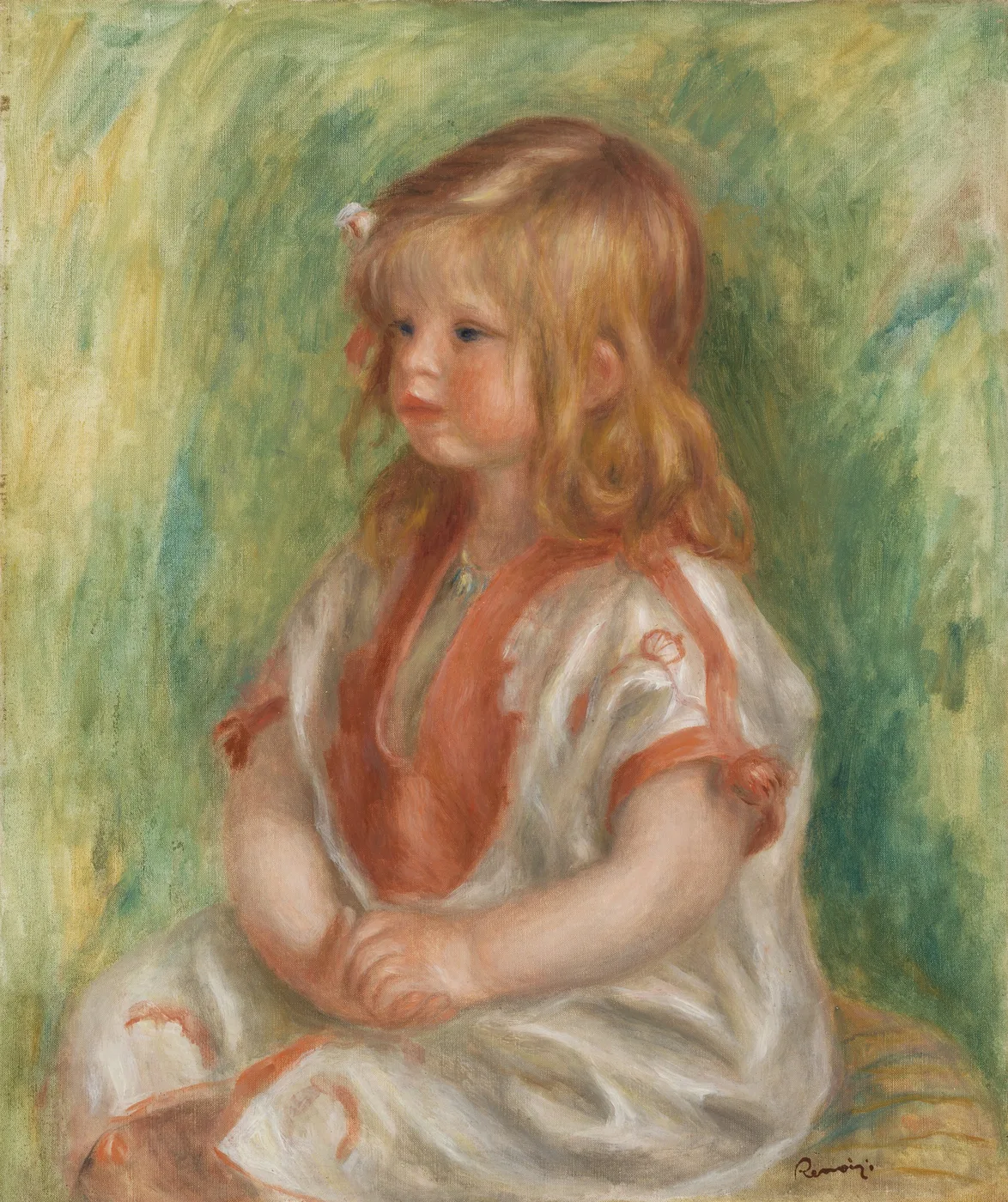A blond haired child in a white dress with coral trim seated against a mottled green background
