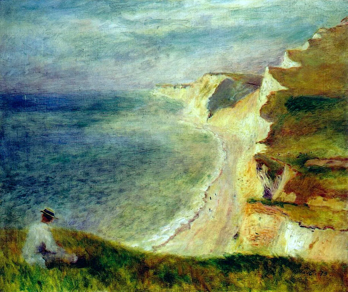 A coastal view of white chalk cliffs and a curving beach, with a seated figure on the grassy clifftop, blue and gold