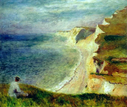 A coastal view of white chalk cliffs and a curving beach, with a seated figure on the grassy clifftop, blue and gold