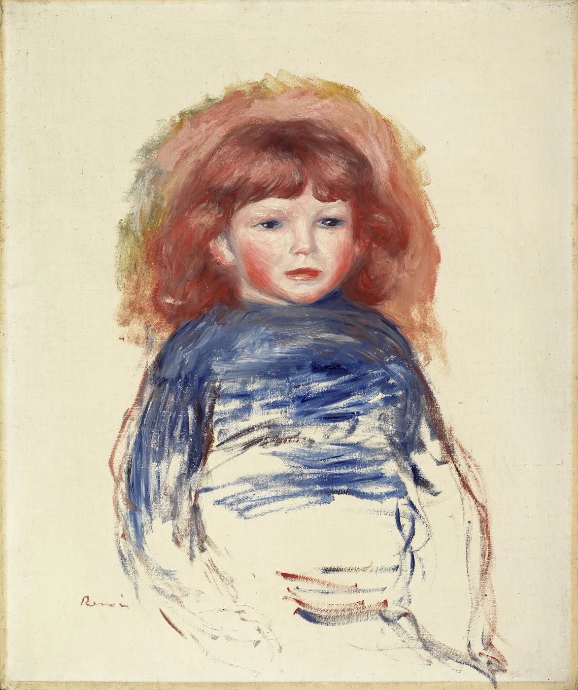A red haired child in a loose blue smock against a plain cream background