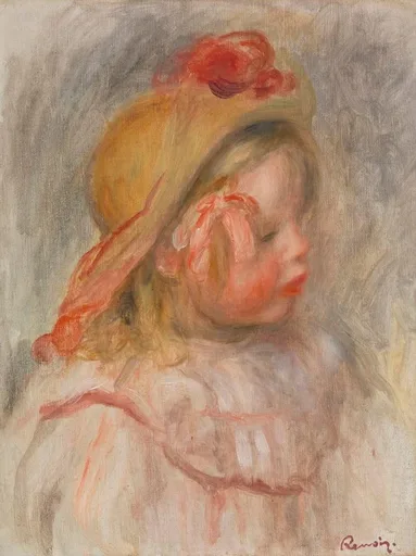 A child wearing a straw hat trimmed with a red flower, in a pink garment against a grey background