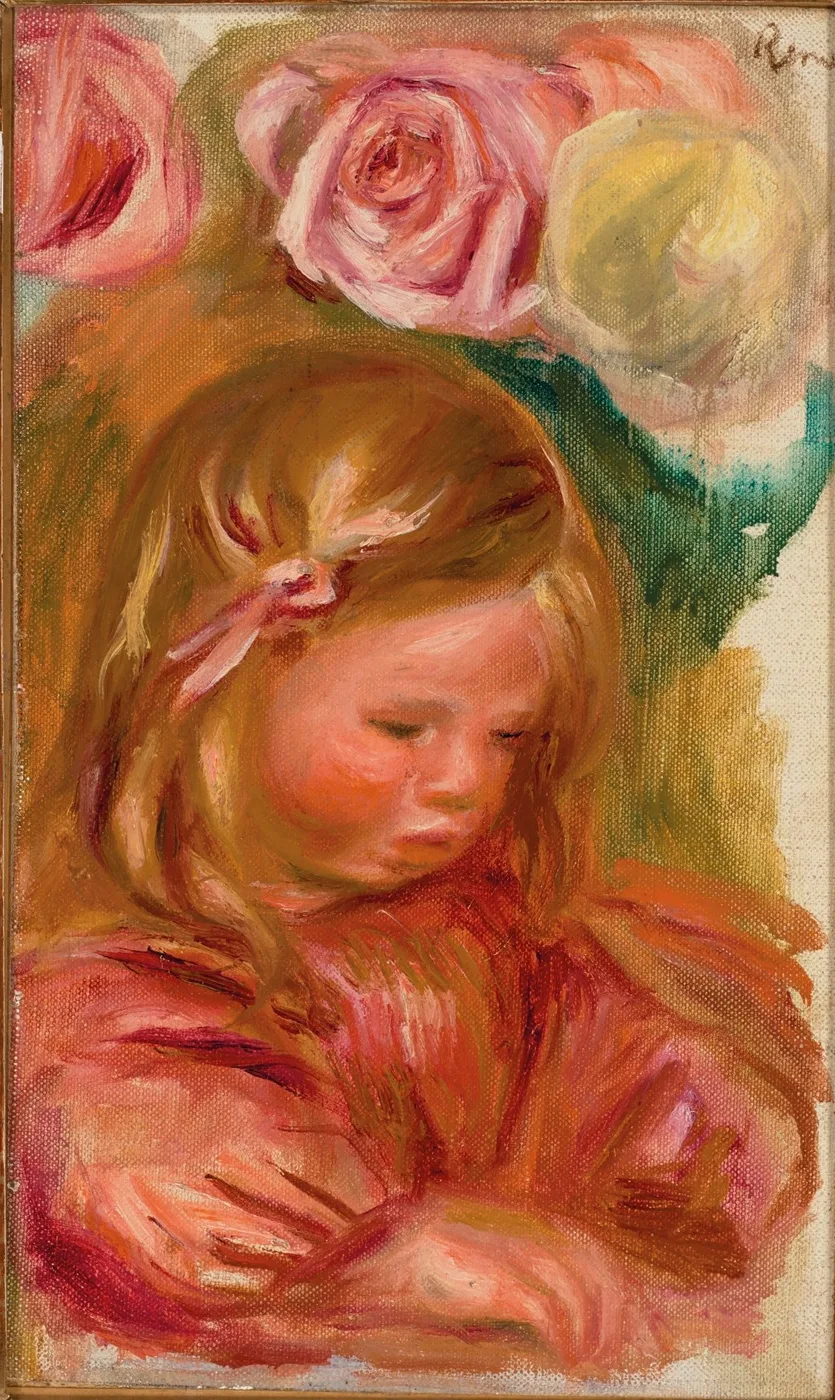 A child with a hair ribbon leaning beneath pink roses, in warm orange, pink, and green tones
