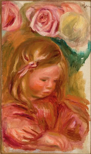 A child with a hair ribbon leaning beneath pink roses, in warm orange, pink, and green tones