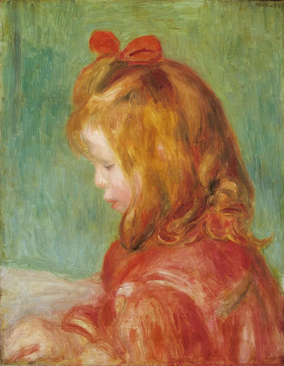 A profile portrait of a red haired child wearing a red bow and dress against a soft green background