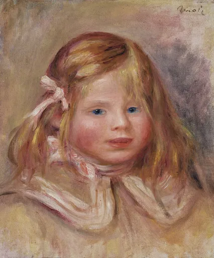 A close portrait of a blond girl with a pink hair ribbon and white collar against a warm beige background