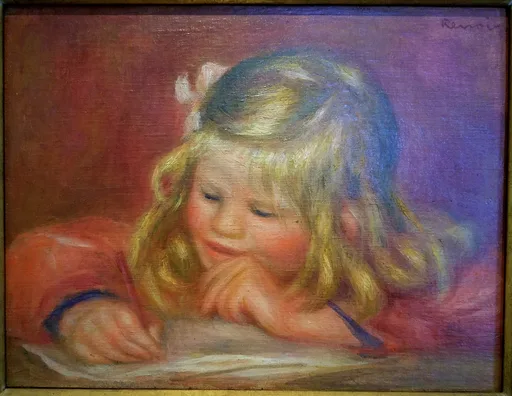 A blond child with a pink hair bow leaning over a table writing, in red and violet tones
