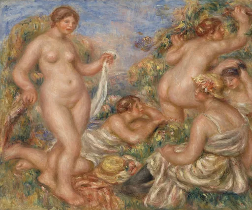 Five bathers, nude and partly dressed, grouped together outdoors, one standing holding a white cloth, in warm flesh tones and soft greenery