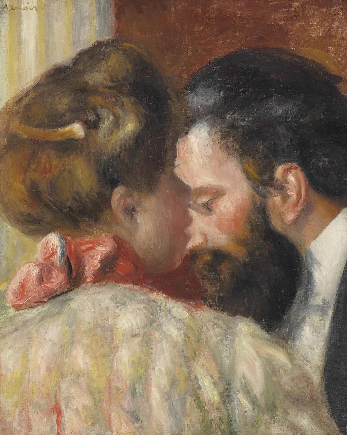 A close-up of a bearded man and a woman leaning close together, heads nearly touching, in intimate conversation, in warm brown and cream tones