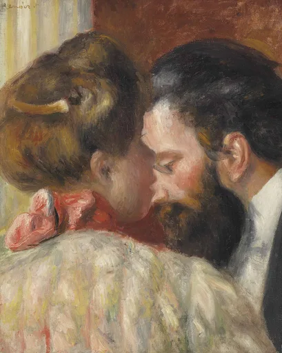 A close-up of a bearded man and a woman leaning close together, heads nearly touching, in intimate conversation, in warm brown and cream tones