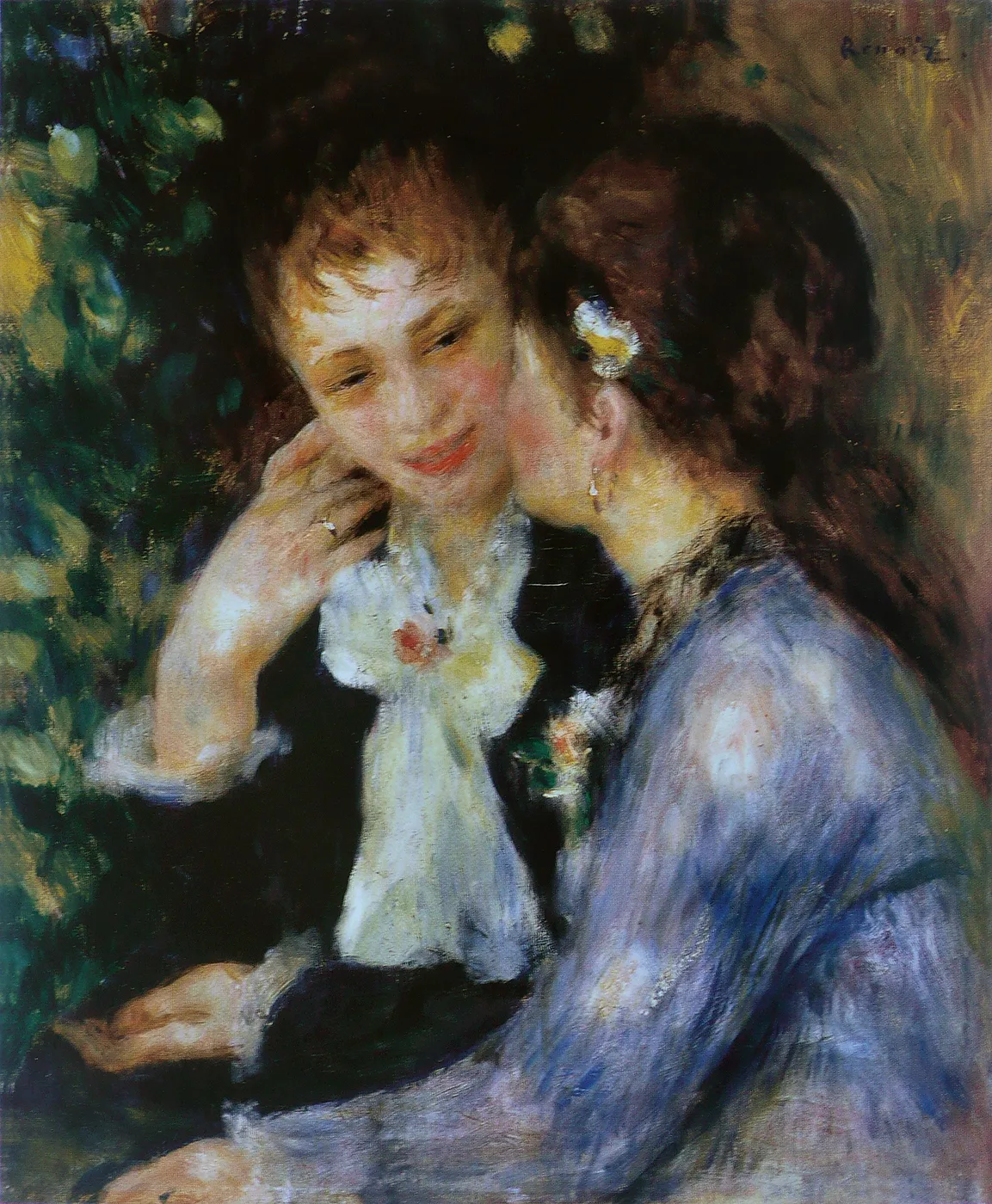 Two young women whispering closely together, one in white and one in lilac blue, against green foliage