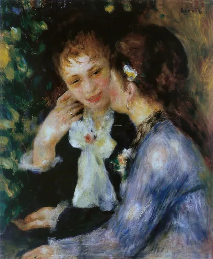 Two young women whispering closely together, one in white and one in lilac blue, against green foliage