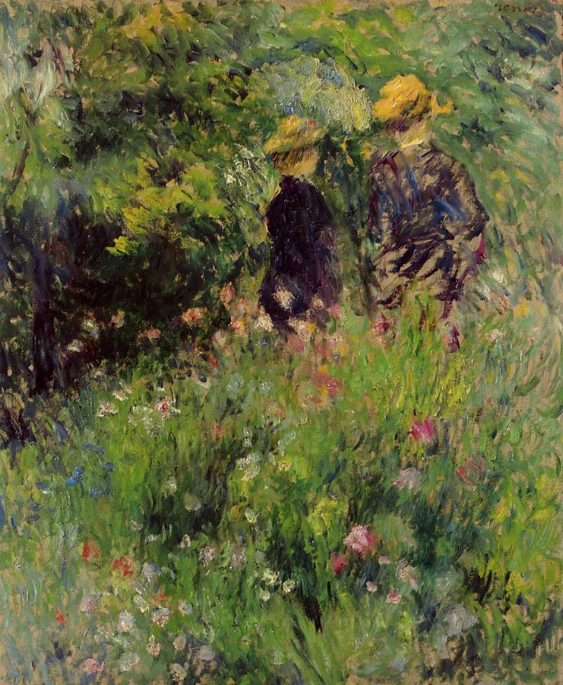 Two figures glimpsed through a dense flowering garden, in vivid green foliage with pink and white blossoms