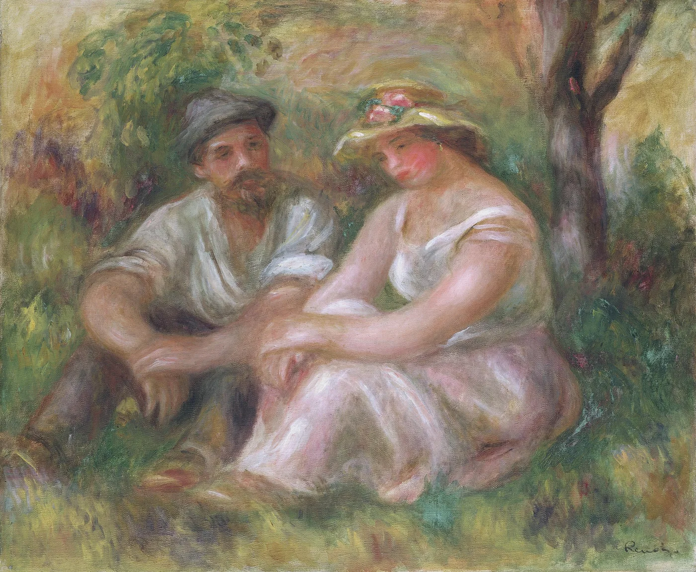 A bearded man in a flat cap and a woman in a floral straw hat seated close together in a garden, in green and pink