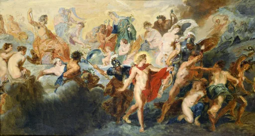 A crowded mythological scene with gods and nude figures in flowing robes, in warm ochre, red, and blue