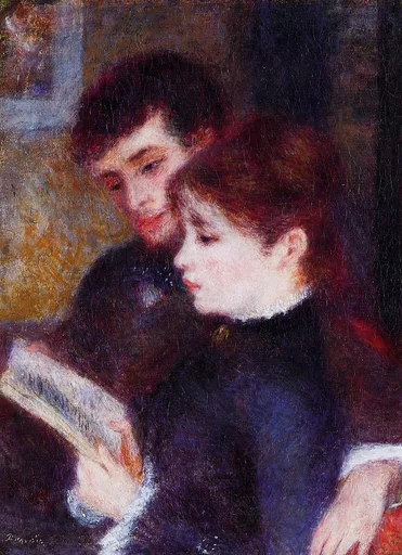 A man and woman reading a book together closely, in dark clothing against a warm brown background