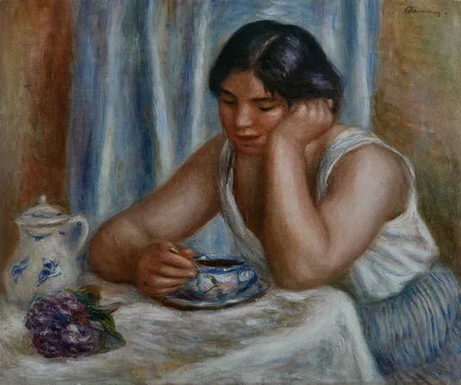 A woman in a white slip resting her head on her hand at a table with a cup of chocolate, a china pot and violets, in soft blue and brown