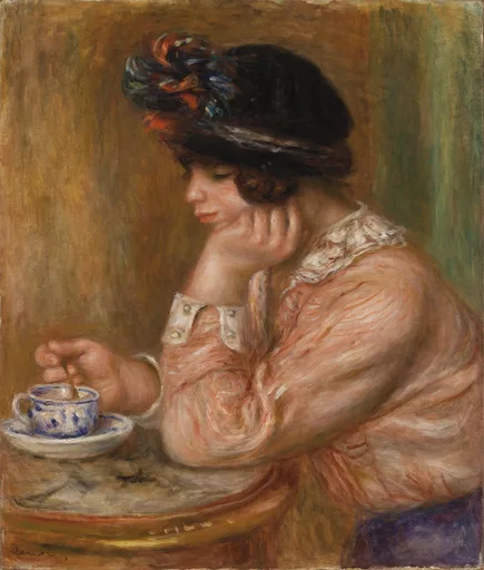 A woman in a feathered hat stirring a cup of chocolate at a café table, in pink and warm brown tones