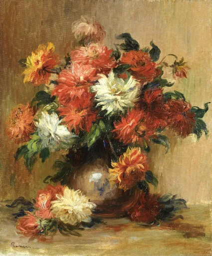 A vase overflowing with orange, red, and white dahlias against a warm tan background
