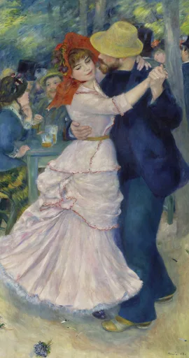A couple dances outdoors in a garden cafe, she in a pink ruffled gown and red bonnet, he in a straw hat and dark suit