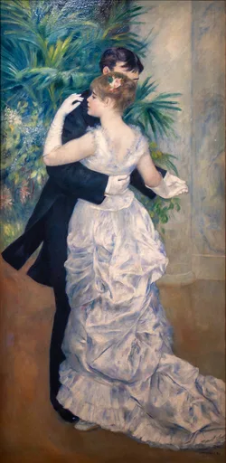 A couple in evening dress waltzes past potted palms, she in white satin with long gloves, he in a black tailcoat