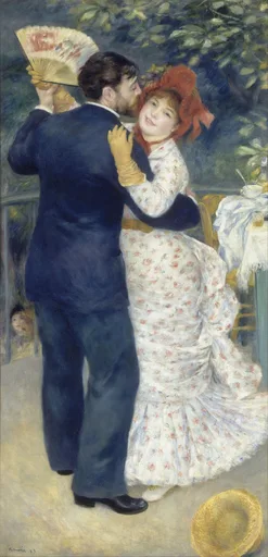 A couple dances outdoors under trees, the man fanning himself as the woman in a floral dress leans close to his cheek