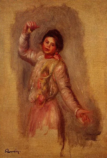 A young dancer in a pink dress raising one arm, loosely painted against a warm brown background