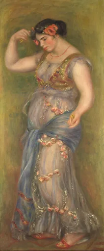 A dancer in a flowing lavender dress trimmed with pink roses raising castanets overhead, against an olive background