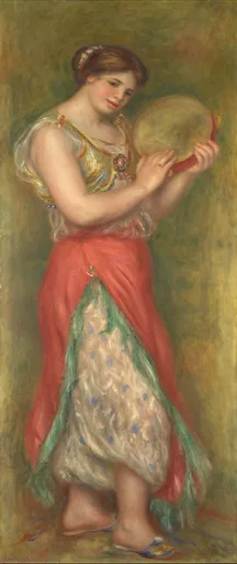 A dancer in a coral skirt with a patterned underskirt playing a tambourine, against an olive green background